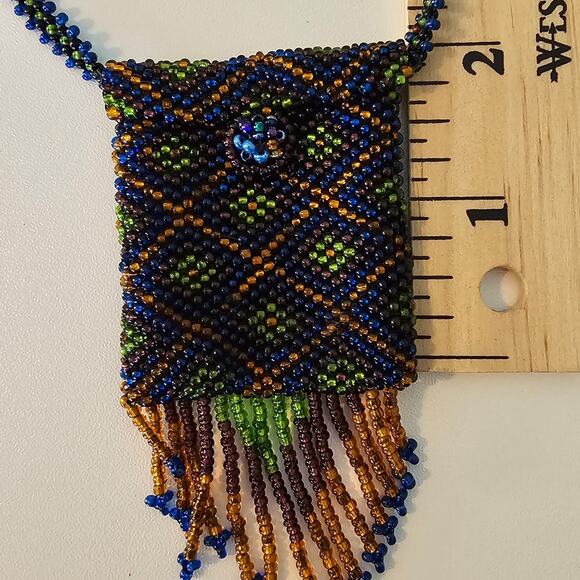 Vintage Artisan Fringed Tribal Seed Bead Necklace Pouch Diamond Pattern - Picture 8 of 11